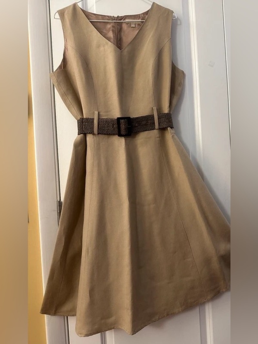 Sleeveless Tan Midi Dress with Braided Brown Belt